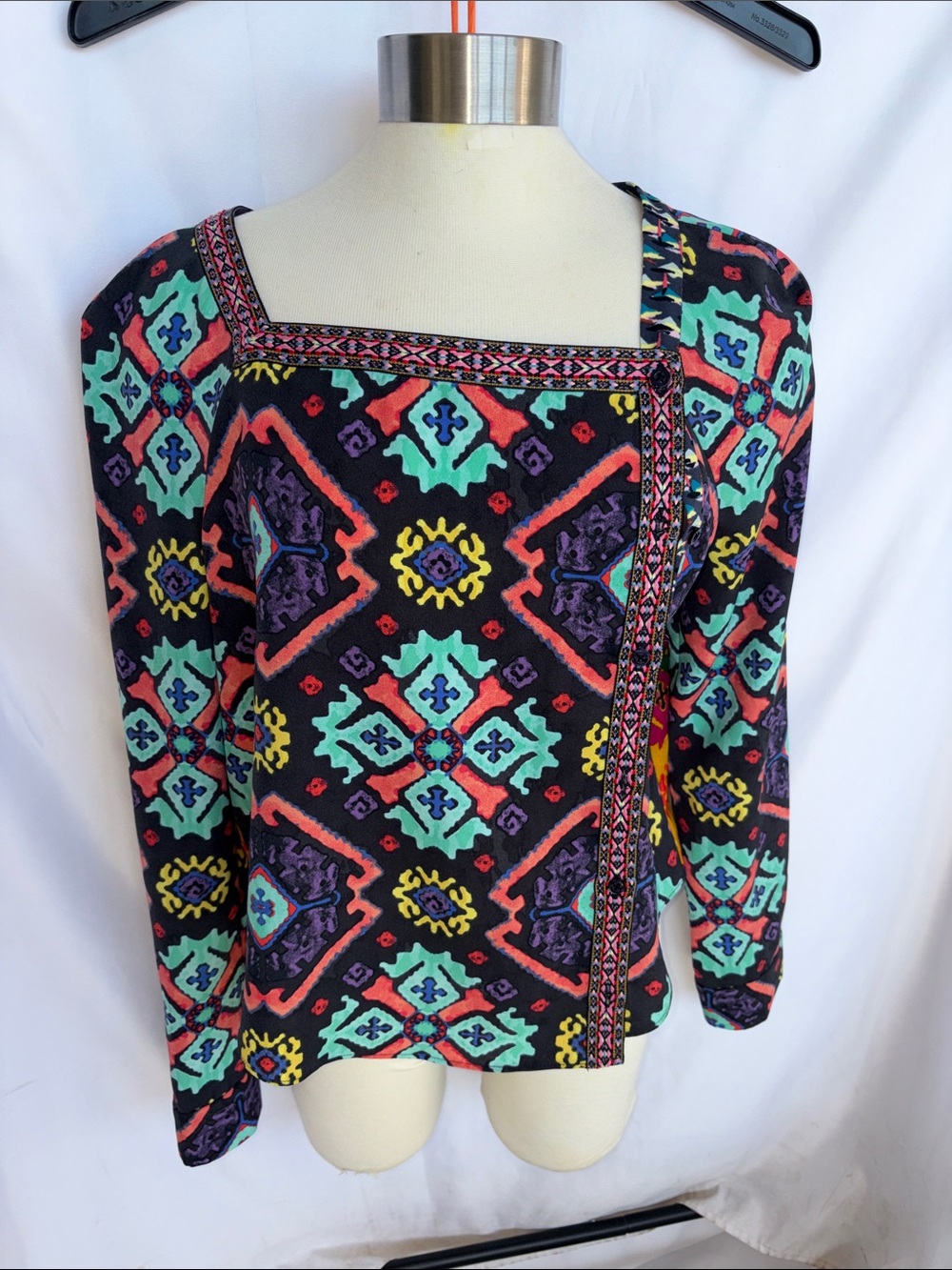 RACHEL ROY Top Womens Sz M Multicolor Print Embroidered Trim Square Neck Blouse